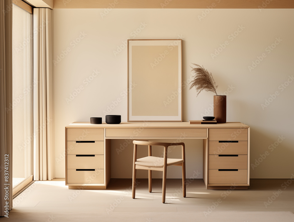 Fototapeta premium interior of a home office vanity neutral minimalist refined contemporary wood desk and stool chair artwork 