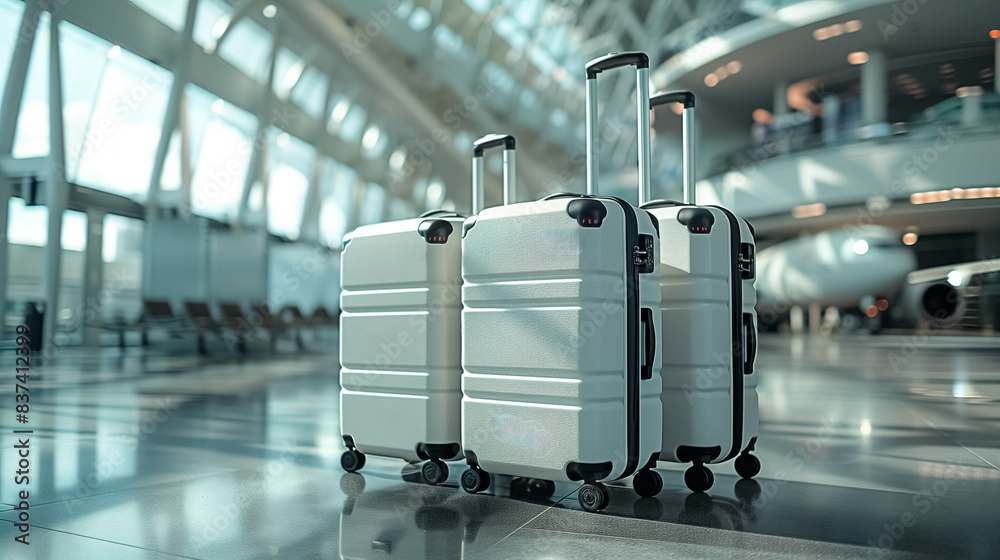 a Suitcases in airport near the wide windows, Travel concept , behind the suitcase an airplane outside standing, in the background, white colors a Suitcases in airport near the wide windows, Travel concept , behind the suitcase an airplane outside standing, in the background, white colors