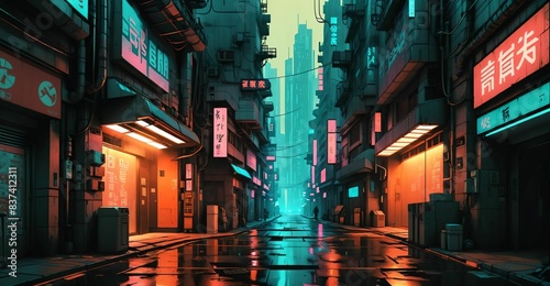 cyberpunk futuristic sci-fi city street road with shops and tall buildings at night. night life in cyber district with neon signs and wet road reflections. skyscrapers and stores.