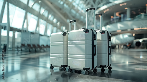 a Suitcases in airport near the wide windows, Travel concept , behind the suitcase an airplane outside standing, in the background, white colors