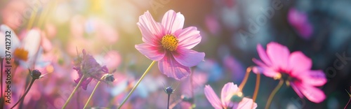 Beautiful spring summer bright natural background with colorful cosmos flowers close up. Pink Cosmos flower close up against blurred background in summer garden.