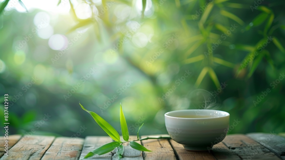 Green tea on wooden table, peaceful garden with bamboo. Relax with green tea in a peaceful garden setting. Green tea on wooden table, peaceful garden with bamboo. Relax with green tea in a peaceful garden setting.