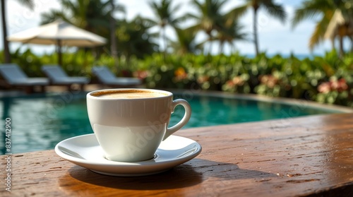  Morning coffee by poolside with tropical resort backdrop, vacation relaxation, sunny getaway, luxury lifestyle moment.