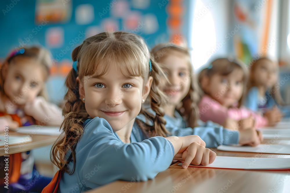 A group of smiling young children sit at their desks in a primary school classroom, engaged in learning and enjoying their education A group of smiling young children sit at their desks in a primary school classroom, engaged in learning and enjoying their education