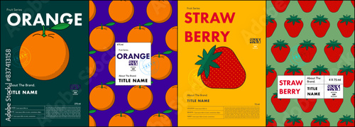 Set of line art design of fruits, specifically oranges and strawberries in a vibrant, minimalist style. Design template for Label, ads, poster, cover, banner and price tag.
