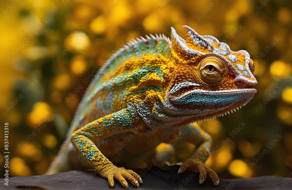 Fototapeta premium Beautiful Colorful chameleon closeup, chameleon on the tree branch. vibrant color chameleon wildlife photography