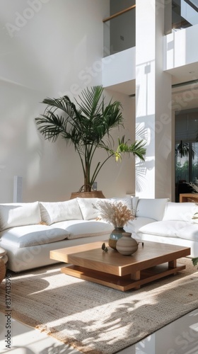 Detailed 3D illustration of a spacious living room with a monochromatic white theme and sunlight filtering through sheer curtains, design of a modern living room.