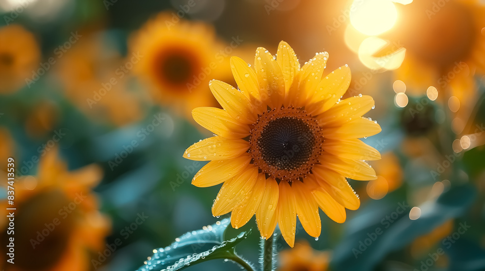 Fototapeta premium Sunflower in a field at sunset , close-up of a sunflower