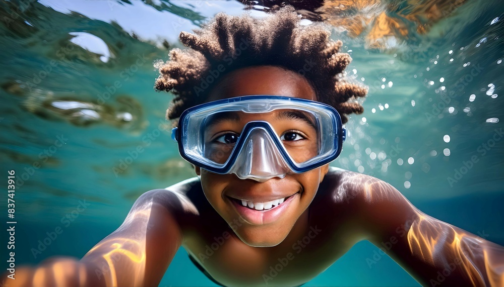 Naklejka premium Young Girl Wearing Diving Mask and Goggles