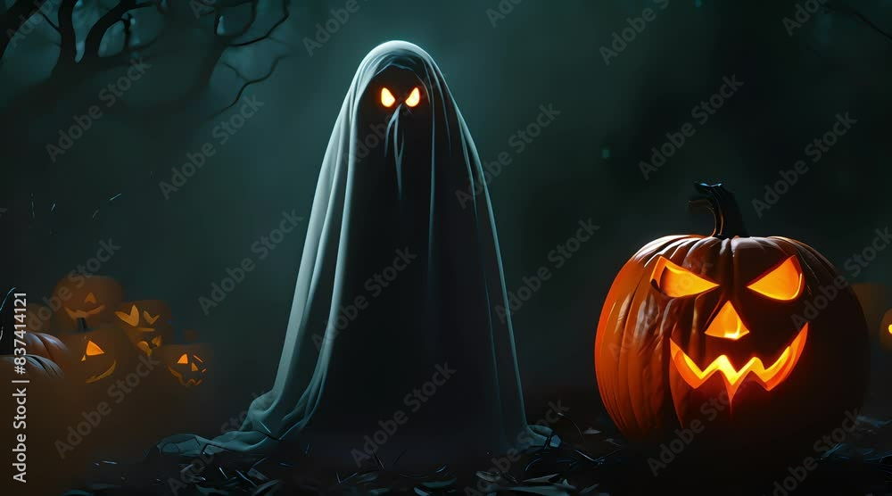close up of ghost and pumpkin, concept for halloween day celebration, generate ai close up of ghost and pumpkin, concept for halloween day celebration, generate ai