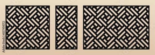 Laser cut decorative panels. Abstract geometric pattern with lines, squares, grid. Vector template for laser cutting, CNC cut of wood, metal, paper. Trendy geo ornament. Aspect ratio 1:1, 1:2, 3:2