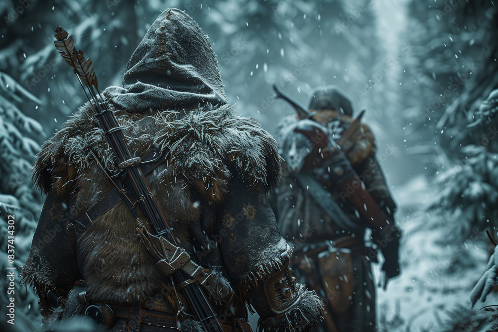 Fototapeta premium dwarven hunters tracking prey in snowy forest, winter scene, fantasy adventure