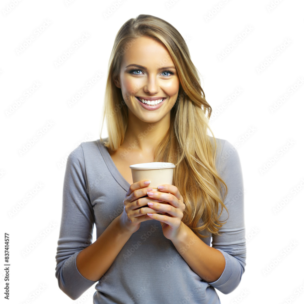 Smiling Woman Holding a Paper Cup of Coffee Smiling Woman Holding a Paper Cup of Coffee