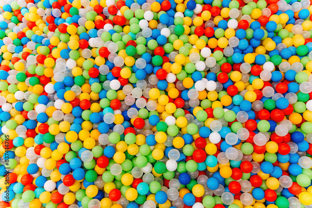 plastic balls for dry pool, view from above, children attraction, background, texture