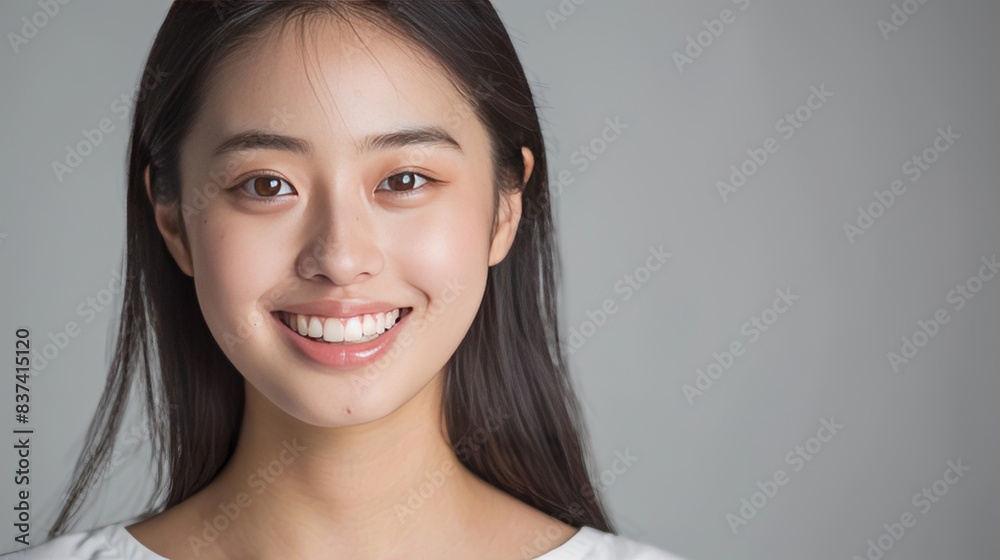 Elegant Shot of a Joyful Young Woman, Emphasizing Skin Care Beauty, Cosmetic Radiance, and Dental Health Against a White background. Elegant Shot of a Joyful Young Woman, Emphasizing Skin Care Beauty, Cosmetic Radiance, and Dental Health Against a White background.