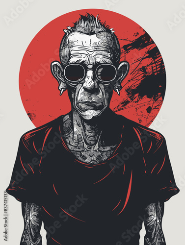 A man with glasses and tattoos stands in front of a red circle. The image has a creepy, unsettling vibe, with the man's appearance and the red circle creating a sense of unease