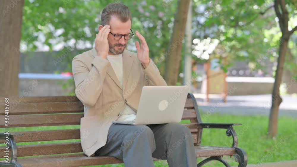 Middle Aged Man with Migraine Using Laptop while Sitting Outdoor on Bench Middle Aged Man with Migraine Using Laptop while Sitting Outdoor on Bench