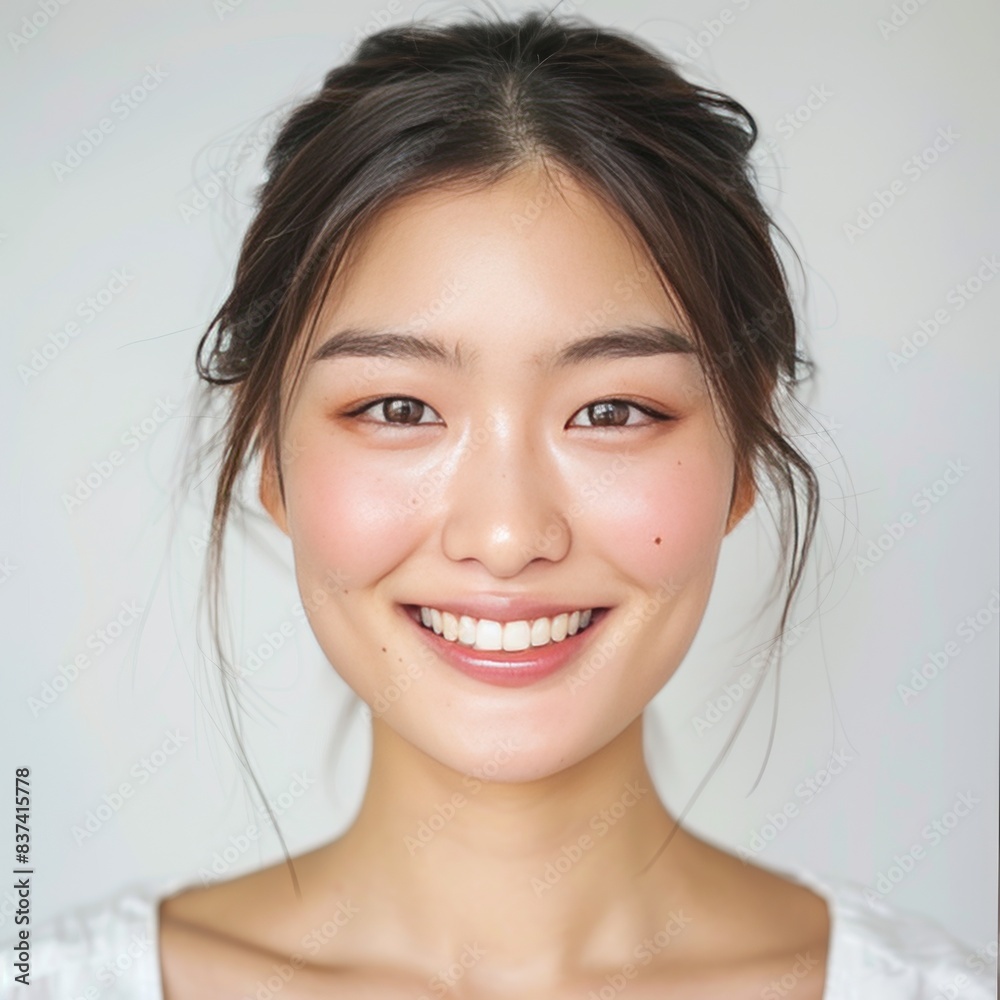 Elegant Shot of a Joyful Young Woman, Emphasizing Skin Care Beauty, Cosmetic Radiance, and Dental Health Against a White background. Elegant Shot of a Joyful Young Woman, Emphasizing Skin Care Beauty, Cosmetic Radiance, and Dental Health Against a White background.