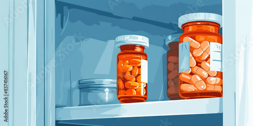 The Unheeded Call of Health: A prescription bottle, nestled amongst a collection of makeup and toiletries, beckons from within the confines of a messy medicine cabinet.