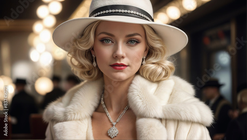 Blonde woman in 1920s fashion with white fur coat, hat, and diamond necklace in American nightclub background - Generative AI
