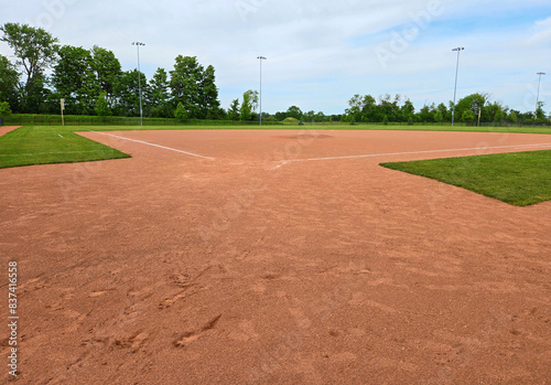 A baseball field shot on an overcast day.