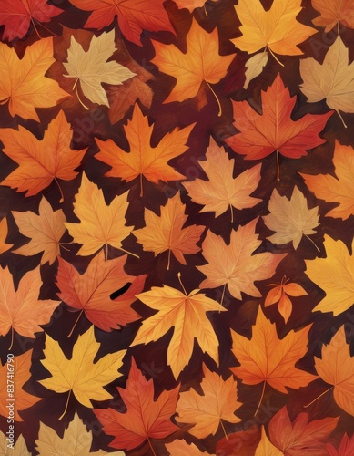 A seamless pattern of vibrant autumn leaves in shades of orange, yellow, and brown against a dark background, perfect for seasonal designs.