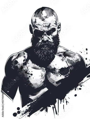 A man with a beard and tattoos on his chest. He looks angry and is wearing a black shirt