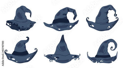 Thorn wizard hats. Halloween witch pointy hats, trick or treat october party magic costume element flat vector illustration set. Spooky magician hats collection