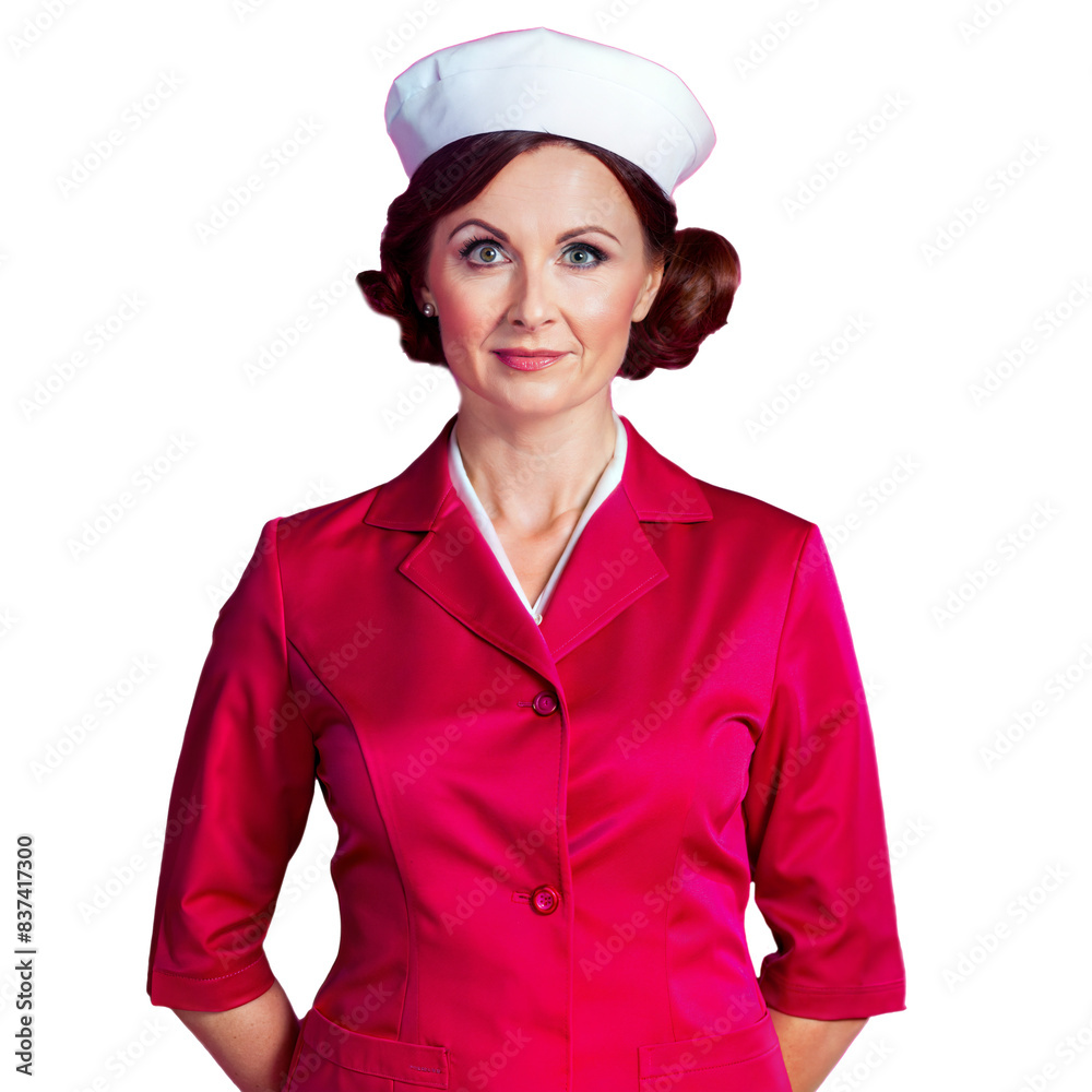 Woman In Pink Uniform With White Hat Smiling Woman In Pink Uniform With White Hat Smiling