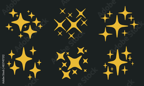 Yellow stars silhouettes. Sparkle shiny flashlights, shiny twinkling sparkles and glitter stars flat vector illustration set. Hand drawn sparkles collection