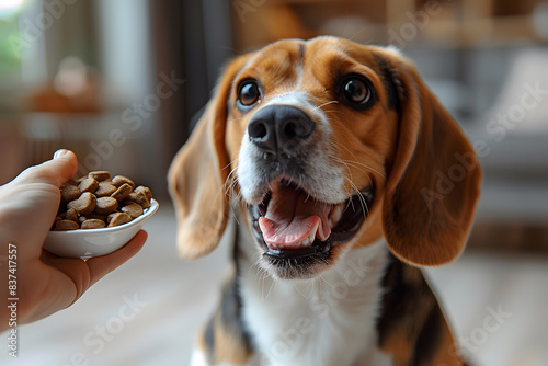 Excited Beagle eagerly reaching for training treats from owner hand. Bright living room with neutral walls  a light wooden floor  a large window letting in sunlight  and Beagle looking enthusiastic.