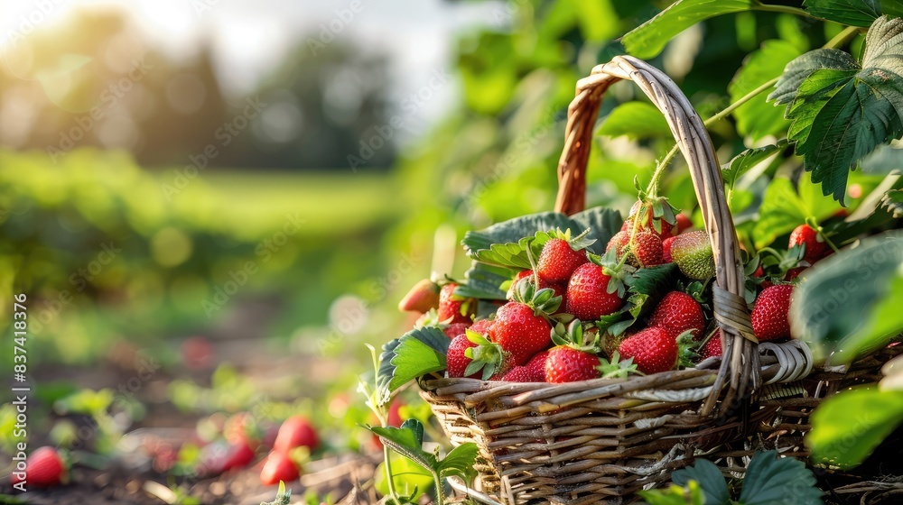 A basket filled with freshly picked strawberries amidst a picturesque strawberry farm A basket filled with freshly picked strawberries amidst a picturesque strawberry farm