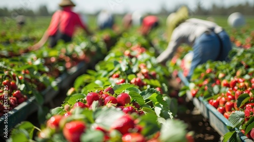 Workers picking fresh strawberries in a large, sprawling strawberry farm