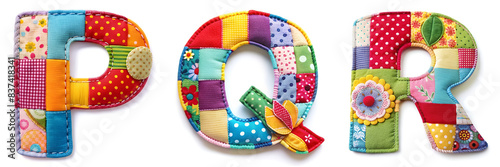 Letters P, Q, R. Alphabet Made of Colorful Patchwork Fabrics.