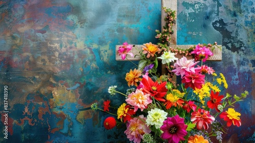 A cross adorned with colorful flowers, celebrating life and renewal