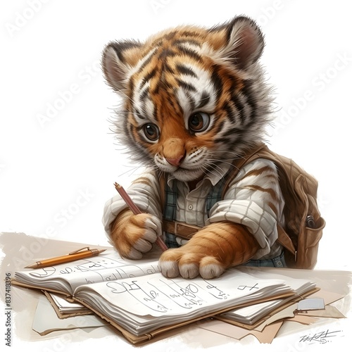 A cute tiger cub intently writes in a notebook with a pencil, showcasing a studious and focused expression.