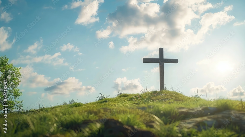 A simple wooden cross on a hill, overlooking a peaceful countryside