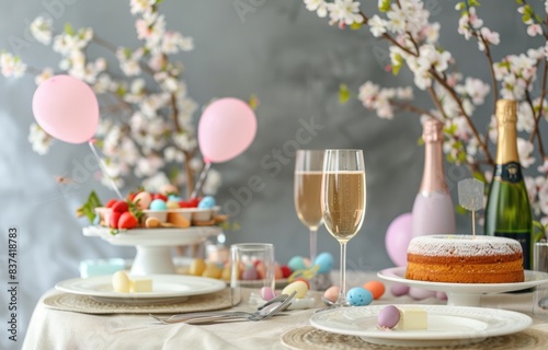 easter table setting with champagne, balloons and cake, pastel colors, photorealistic, studio
