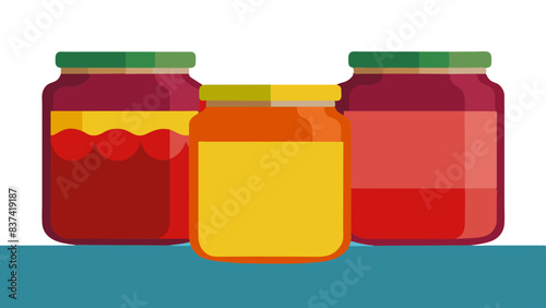  collection of colorful jars filled with various condiments and food items