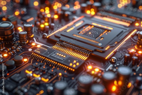 Close-up of a high-tech computer chip. A close-up image of a high-tech computer chip with intricate details and glowing orange lights, showcasing advanced technology.