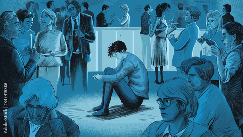 illustration of withdrawn person sitting alone in a crowded room, isolation, anti-social, a-social, social anxiety photo