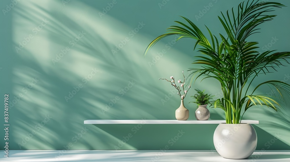 A green wall with a palm plant, two white vases, and a white shelf, all bathed in the warm glow of sunlight A green wall with a palm plant, two white vases, and a white shelf, all bathed in the warm glow of sunlight