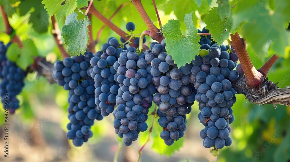 Freshly grown Shiraz grapes on the vine, ready to be harvested for winemaking Freshly grown Shiraz grapes on the vine, ready to be harvested for winemaking