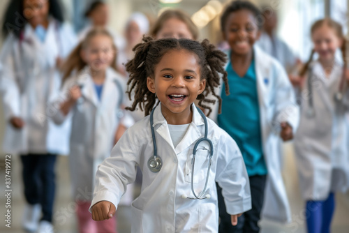 A group of multiethnic children dressed as doctors walking joyfully down a hallway. The children are smiling, creating an atmosphere of enthusiasm and playfulness in a medical setting.