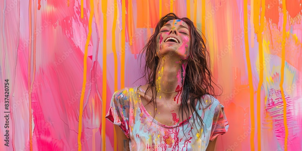 Fototapeta premium friendly woman covered in colorful wet paint, drenched in paint,