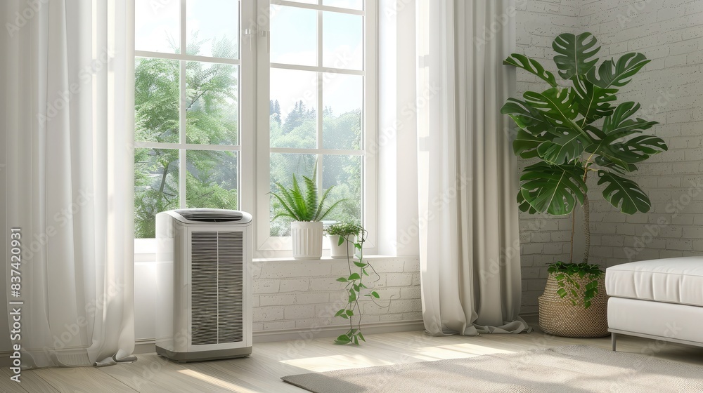 Portable air conditioner positioned next to a window, efficiently cooling a bright and airy space Portable air conditioner positioned next to a window, efficiently cooling a bright and airy space