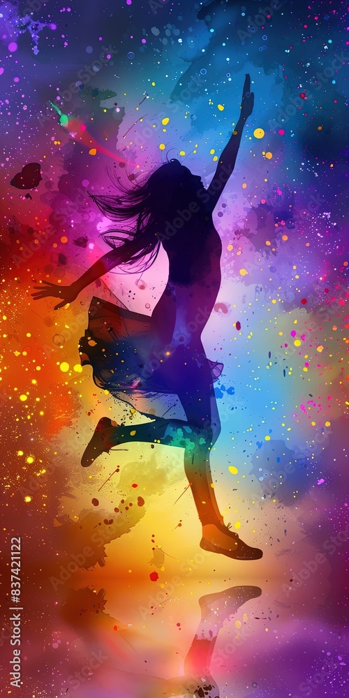 Woman dancing in colorful display Woman dancing in colorful display