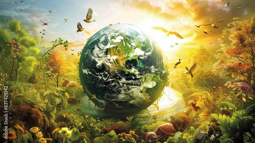 Fototapeta Naklejka Na Ścianę i Meble -  Stunning Nature Concept of Earth Surrounded by Lush Greenery, Blossoming Flowers, and Diverse Wildlife, Bathed in Radiant Sunshine