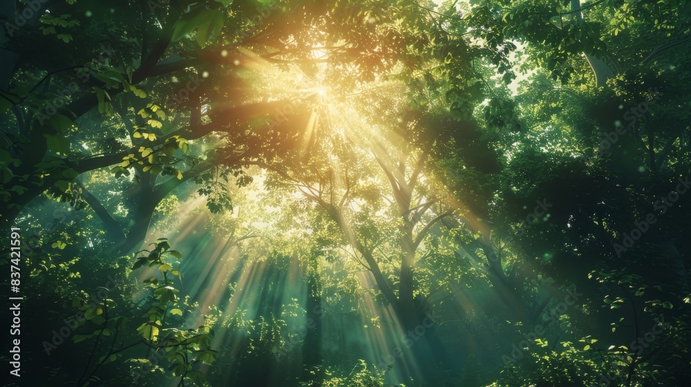 Fototapeta premium Sunlight Filtering Through Forest Canopy. Sunlight beams through the dense forest canopy, creating a magical and serene atmosphere in the woods.