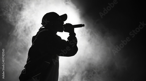 Silhouette of a rap artist holding a microphone, engaging the audience in a lively performance photo